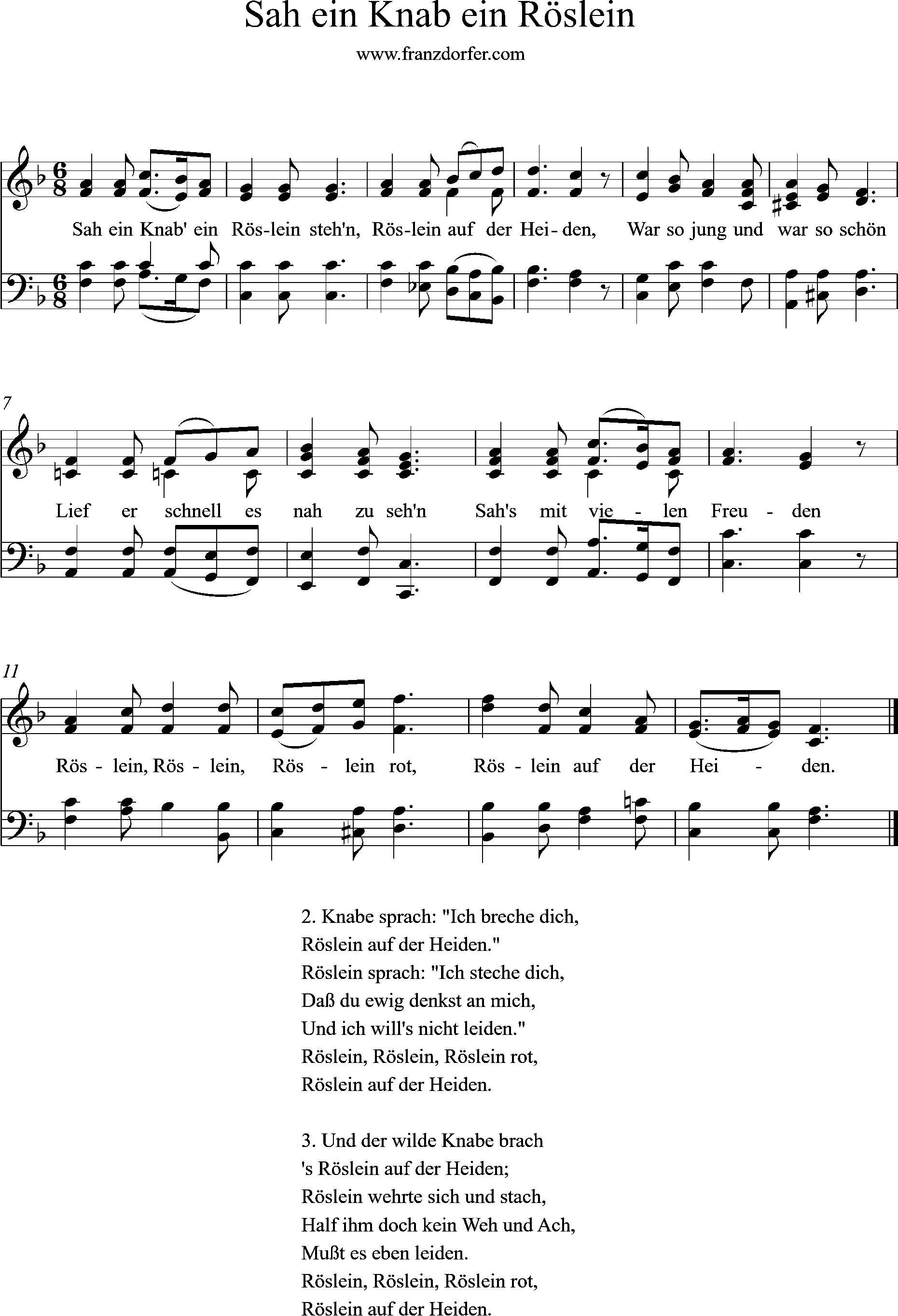 klaviernoten, Haidenröslein, F-Dur